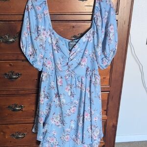 ARULA Light Blue Floral Puff Sleeve Mini Dress